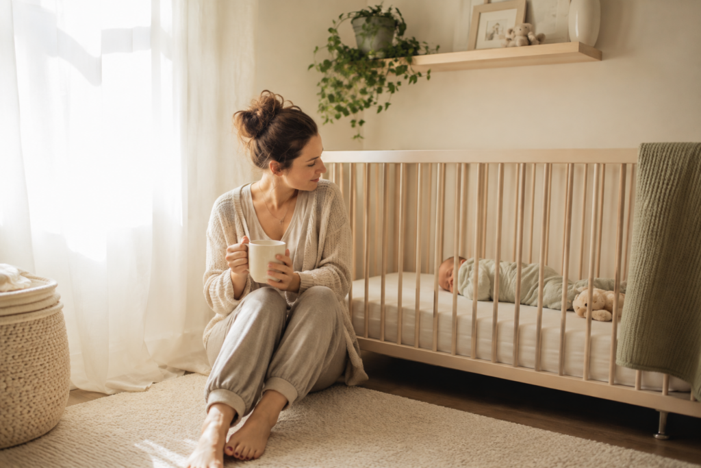 New mother practicing postpartum self-care while caring for her baby