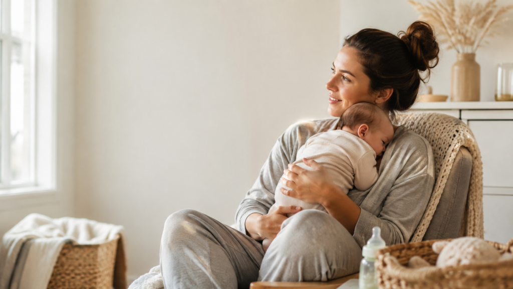 New mother practicing postpartum self-care while caring for her baby