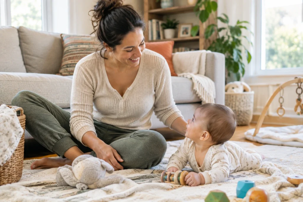 New mother playing with her baby during postpartum recovery