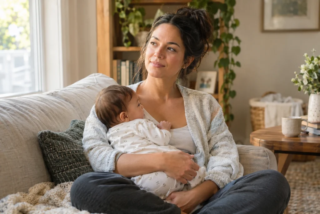 New mother caring for her baby while navigating postpartum symptoms